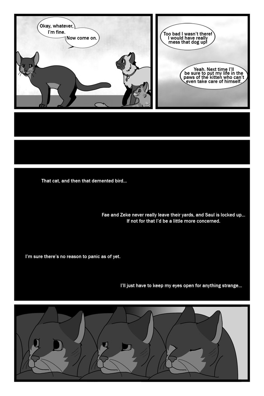 age_difference ambiguous_gender collar dialogue digitigrade eyes_closed falling_asleep feral fur group inner_monologue lying open_mouth paws smile snout speech_bubble standing tail talking_feral text thinking trio whiskers young young_feral sebdoggo serenity_(comic) fae_(serenity) jasper_(serenity) zeke_(serenity) birman_cat domestic_cat felid feline felis himalayan_cat mammal mixed_breed oriental_shorthair 2014 2:3 adobe_photoshop_(artwork) comic digital_drawing_(artwork) digital_media_(artwork) english_text greyscale hi_res monochrome female_(lore) male_(lore)