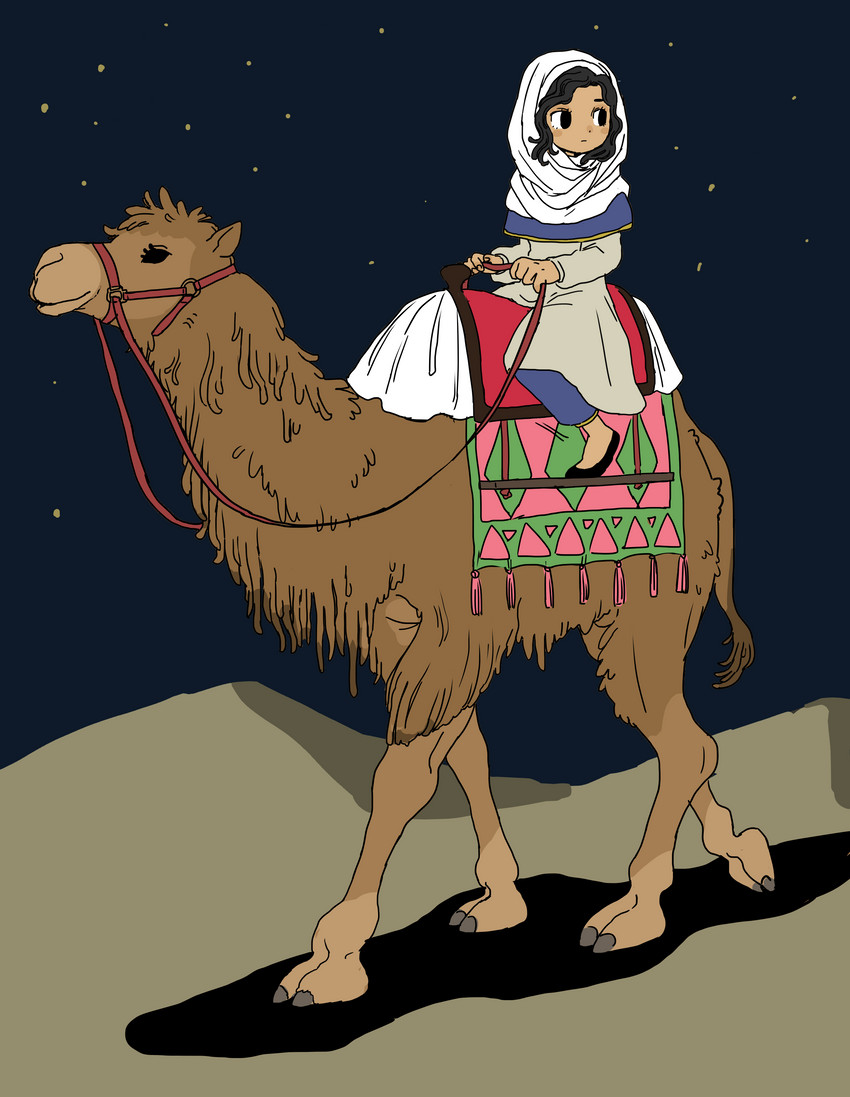 clothed clothing duo female feral night outside riding star ikutasemi camel camelid human mammal 2020 absurd_res hi_res