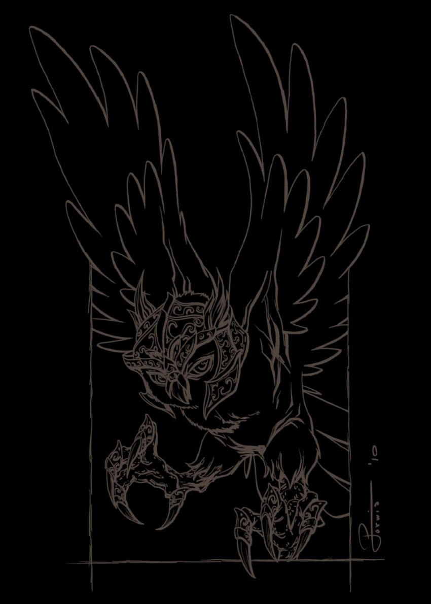 ambiguous_gender armor battle_claws_(gogh) beak feathered_wings feathers feral flying headgear helmet solo wings almerun guardians_of_ga'hoole avian bird owl 2010 black_and_grey digital_drawing_(artwork) digital_media_(artwork) hi_res monochrome