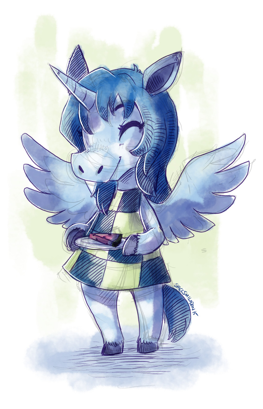 anthro blue_body blue_hair blue_wings clothing female food fruit hair hooves horn melon plant plate simple_background solo watermelon watermelon_slice white_body wings spacesmilodon animal_crossing mythology nintendo winter_(alicorn) equid equine mammal mythological_creature mythological_equine winged_unicorn 2015 absurd_res hi_res