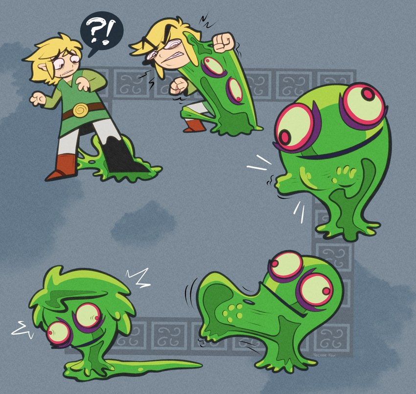 absorption_vore ambiguous_gender duo forced forced_transformation male not_furry speech_bubble struggling text transformation vore young trevor-fox minish_cap nintendo the_legend_of_zelda wind_waker toon_link chuchu elf goo_creature humanoid hylian slime_(blob) hi_res