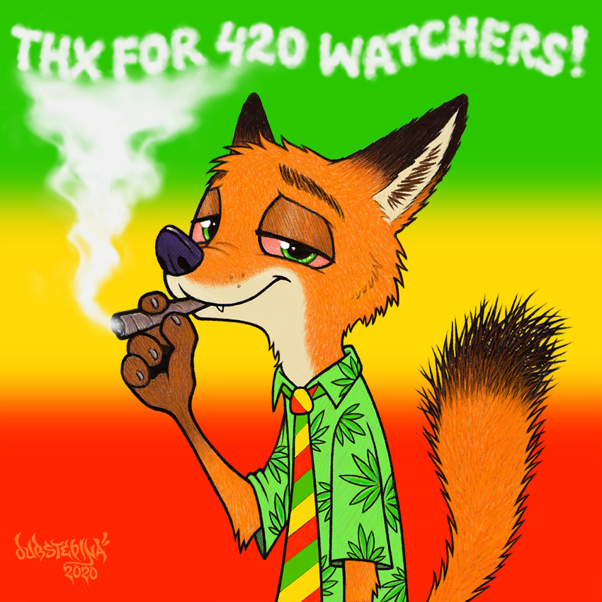 420_(number) anthro cheek_tuft drugs facial_tuft fur gloves_(marking) green_eyes head_tuft looking_at_viewer male marijuana markings orange_body orange_fur smoke smoking smoking_marijuana solo text tuft dubstepina disney zootopia nick_wilde canid canine fox mammal red_fox true_fox 1:1 2020 english_text