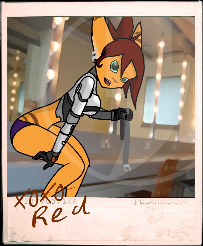 anthro armor clothing female green_eyes green_room mirror panties solo stripes underwear undressing vanity_mirror eightysix ratchet_and_clank sony_corporation sony_interactive_entertainment red_(eightysix) snapshot lombax mammal