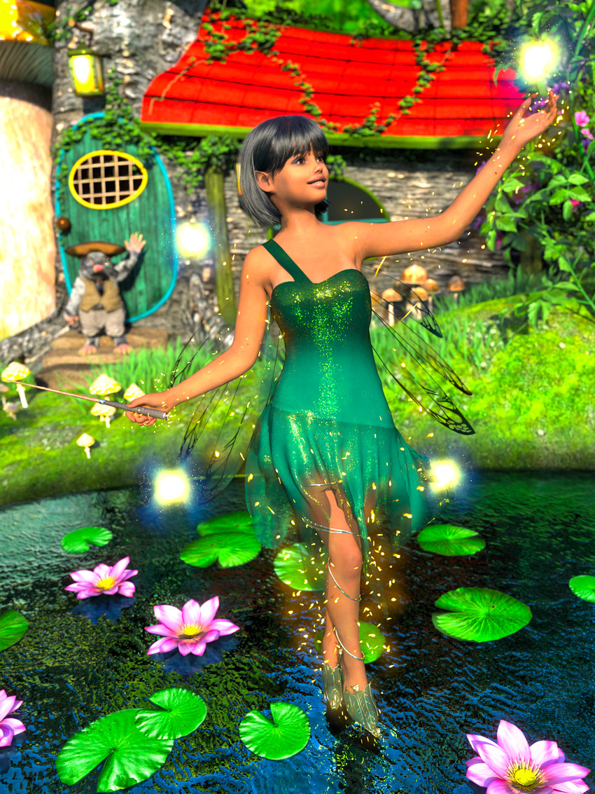 anthro asian_conical_hat bare_shoulders barefoot black_hair clothed clothing dress duo feet female flower green_clothing green_dress hair hat headgear headwear humanoid_pointy_ears lily_pad magic magic_user male nature not_furry_focus outside outstretched_arms plant pointy_ears scenery short_hair smile solo_focus spread_arms water wings chadotexas eulipotyphlan fairy humanoid mammal mole_(animal) 3:4 absurd_res digital_media_(artwork) hi_res