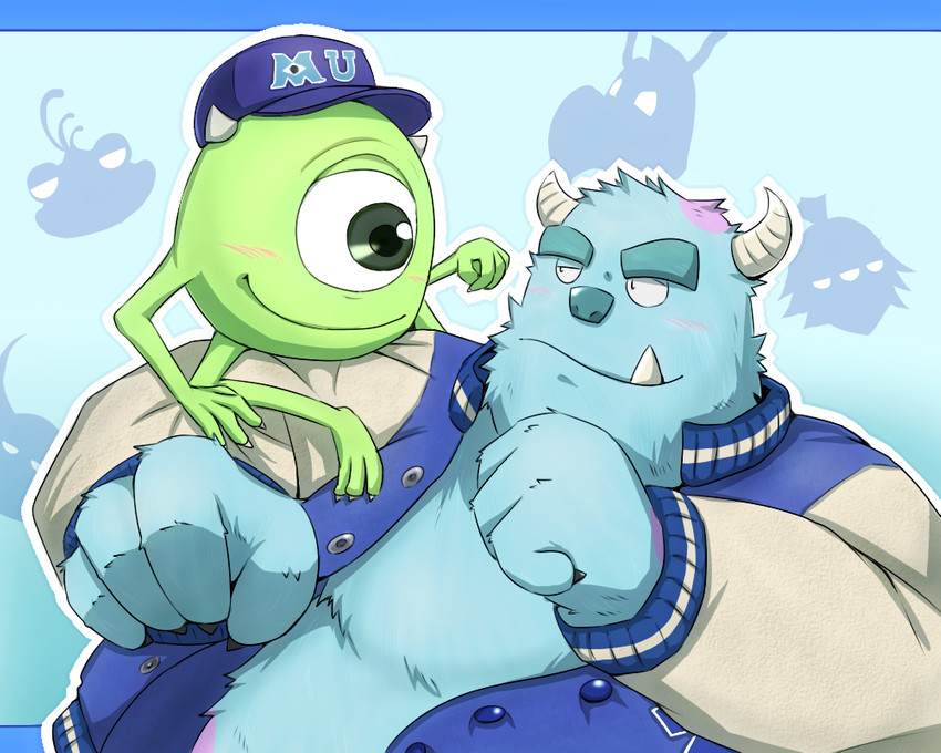 anthro blue_body blue_fur clothing cute_fangs fur green_body hat headgear headwear humanoid_hands kemono male emufu disney monsters_inc monsters_university pixar mike_wazowski sulley monster waddling_head 2013 5:4