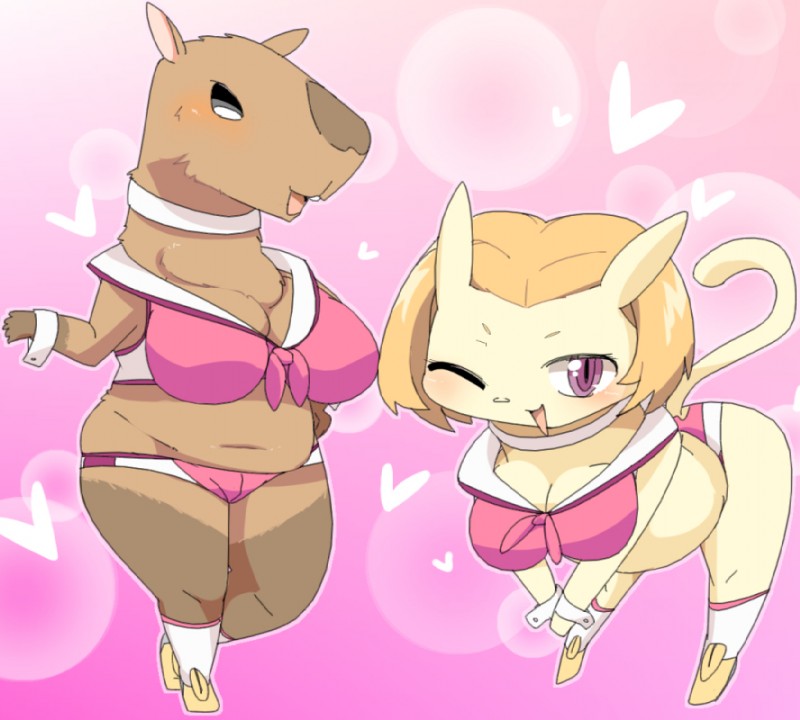 boobies_uniform breasts cleavage clothed clothing duo female lets0020 space_dandy katie_(space_dandy) alien betelgeusian capybara capybarian caviid domestic_cat felid feline felis mammal rodent