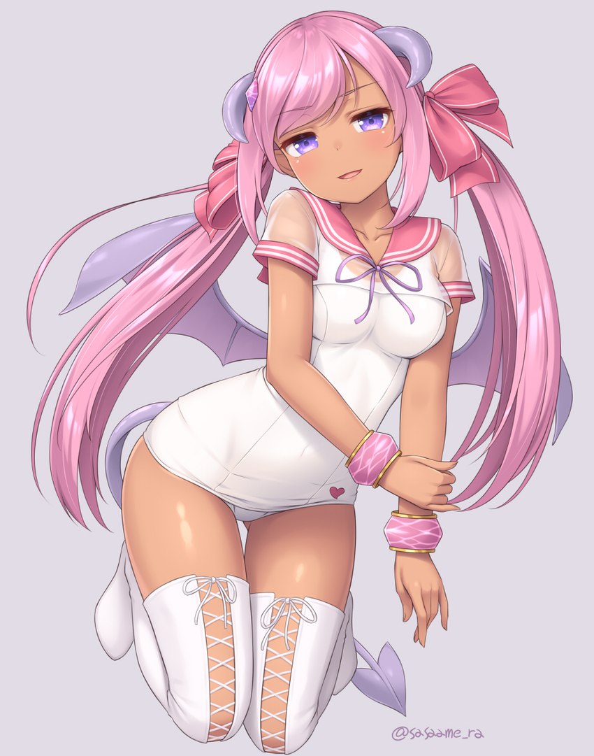 clothing female hair horn legwear not_furry one-piece_swimsuit pigtails pink_hair purple_eyes solo swimwear tan_body tan_skin thigh_highs sand-rain demon humanoid 2021