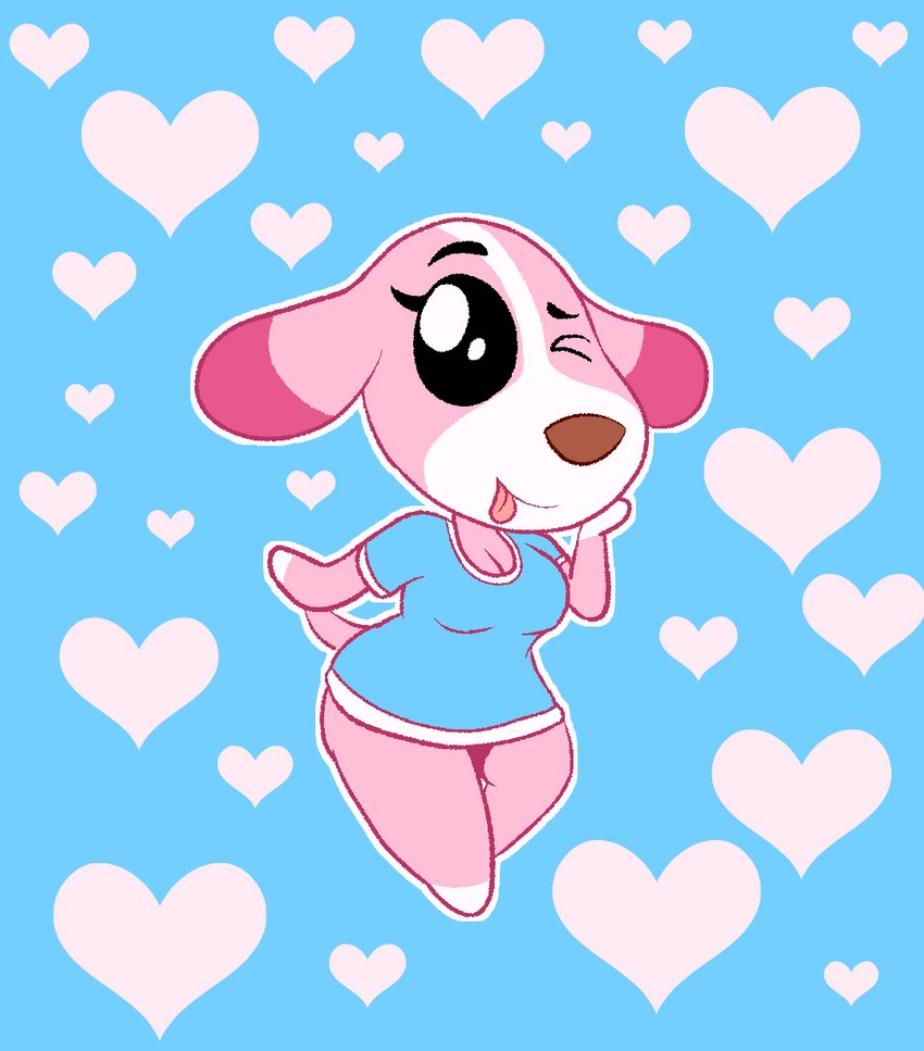 anthro female heart_background heart_pattern heart_symbol looking_at_viewer one_eye_closed pattern_background simple_background solo tongue tongue_out wide_hipped_female wide_hips wink marcodile animal_crossing nintendo cookie_(animal_crossing) canid canine canis domestic_dog mammal hi_res