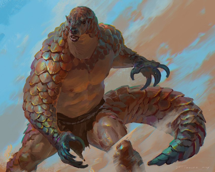 anthro bottomwear claws clothed clothing finger_claws loincloth loincloth_only long_tail male nipples open_mouth quads scales solo standing tail topless topless_anthro taran_fiddler weretober mammal pangolin werepangolin 2024 hi_res signature