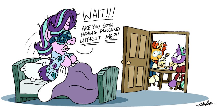 awake bathrobe bed blindfold clothing cutlery door doorway eyemask eyewear female feral food fork furniture horn kitchen_utensils levitation magic male mask pajamas pancake robe sleep_mask table text tools bobthedalek friendship_is_magic hasbro my_little_pony mythology firelight_(mlp) starlight_glimmer_(mlp) sunburst_(mlp) equid equine mammal mythological_creature mythological_equine unicorn english_text hi_res