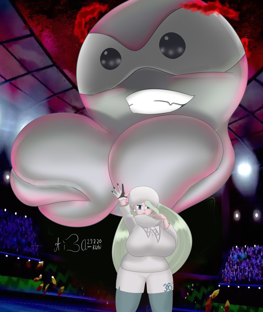 arena big_breasts black_eyes blue_eyes breasts clenched_teeth clothing cloud crowd dynamax female gloves grey_body grey_hair grey_skin group gym_leader hair handwear hat headgear headwear huge_breasts leggings legwear sweater teeth topwear aibakun game_freak nintendo pokemon melony_(pokemon) castform generation_3_pokemon human mammal normal_castform pokemon_(species) absurd_res hi_res meme