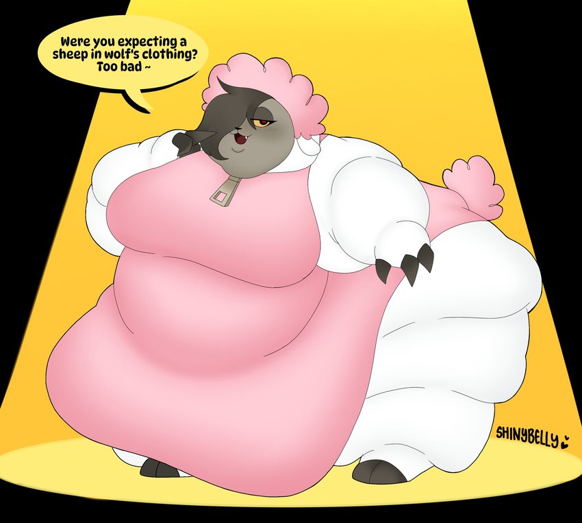 alternate_species anthro arm_rolls belly belly_rolls big_belly big_cheeks blush breasts brown_body brown_fur brown_hair chubby_cheeks claws clothing dialogue double_chin fat_rolls female fur hair hooves leg_rolls looking_at_viewer morbidly_obese morbidly_obese_anthro morbidly_obese_female obese obese_anthro obese_female one_tooth onesie open_mouth overweight overweight_anthro overweight_female pupils red_pupils sheep_ears sheep_tail solo spotlight wool_(fur) yellow_eyes zipper shinybelly chikn_nuggit wolf_in_sheep's_clothing reverse_cofi_(chikn_nuggit) canid canine canis mammal wolf hi_res signature