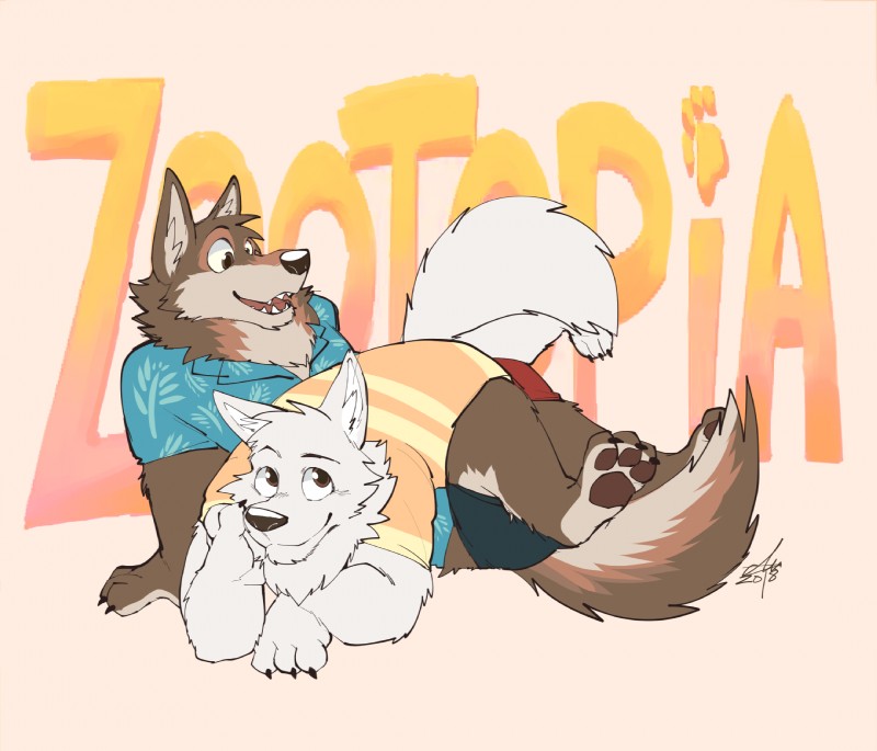 anthro clothed clothing duo fur male simple_background white_body white_fur ginnosuke disney zootopia gary_(zootopia) larry_(zootopia) canid canine canis mammal wolf 2018 digital_media_(artwork) hi_res