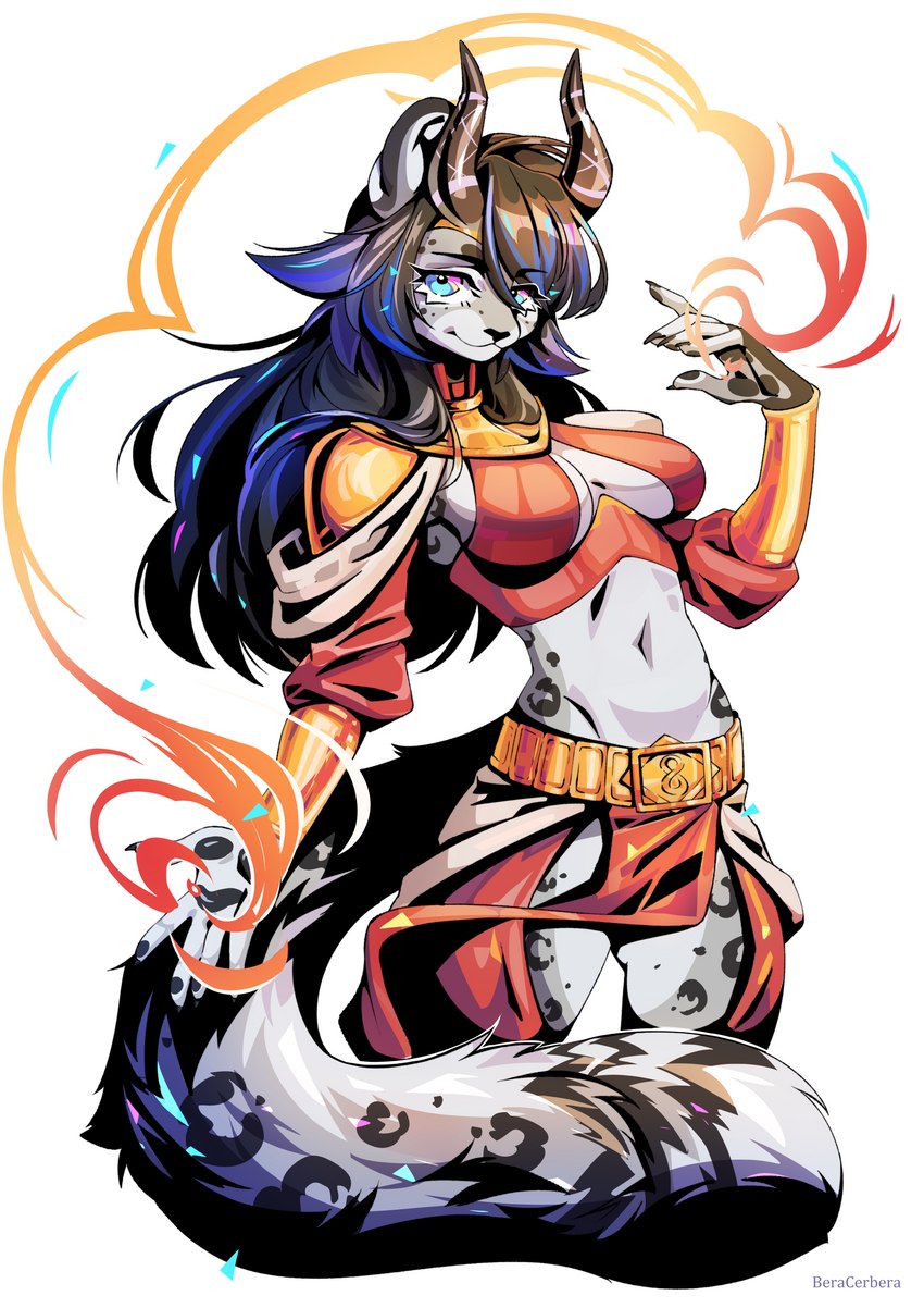 5_fingers anthro biped blue_eyes bottomwear clothed clothing female fingers hair long_hair looking_at_viewer magic midriff navel simple_background solo topwear white_background cerbera felid mammal pantherine snow_leopard 2021 absurd_res hi_res