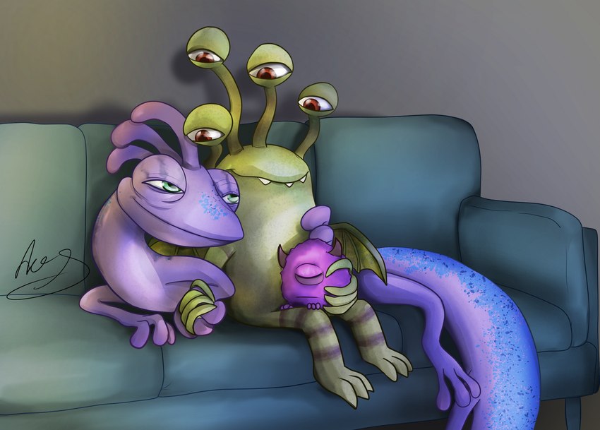 4_eyes blue_eyes brown_eyes domestic_pet duo eye_contact furniture green_body green_skin hand_holding looking_at_another male male/male multi_eye multi_limb purple_body purple_skin romantic romantic_couple sharp_teeth sitting sofa striped_legs stripes teeth acesquirrel disney monsters_at_work monsters_inc pixar duncan_(monsters_at_work) randall_boggs roto_(monsters_at_work) monster 2021 4:3 digital_media_(artwork) hi_res signature