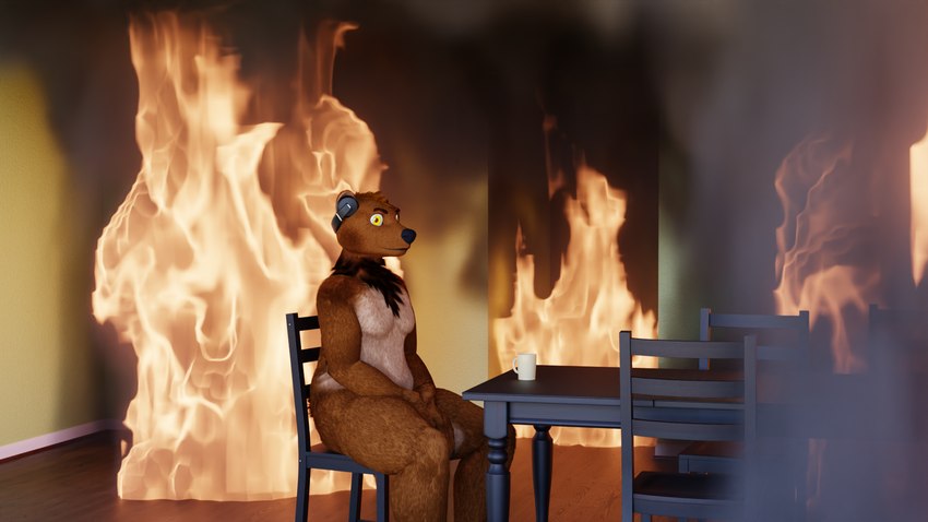 anthro burning_building chair coffee_mug electronics fire furniture headphones inside male nude sitting solo table yellow_eyes torturedtorchic this_is_fine bearphones bear brown_bear grizzly_bear mammal ursine 16:9 2023 3d_(artwork) digital_media_(artwork) hi_res widescreen