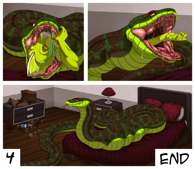 abdominal_bulge ambiguous_gender anthro bed bedroom biceps bodily_fluids claws duo fangs feral forked_tongue furniture green_body green_eyes green_scales inside lamp long_tongue male muscular nude on_bed open_mouth red_body red_scales saliva scales size_difference teeth tongue tongue_out unhinged_jaw vore yellow_eyes conditional_dnp danza vinnig helmeted_lizard lizard plumed_basilisk reptile scalie snake comic