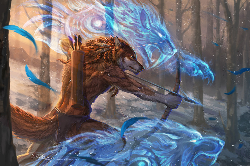 anthro arrow_(weapon) biped black_nose blue_eyes bottomwear bow_(weapon) braided_hair brown_body brown_fur brown_hair clothed clothing detailed_background feathers forest fur hair holding_object holding_weapon loincloth male outside plant quiver_(object) ranged_weapon running solo topless tree weapon zilven miles_(miles-wolf) canid canine canis mammal spirit wolf 2017 digital_media_(artwork)