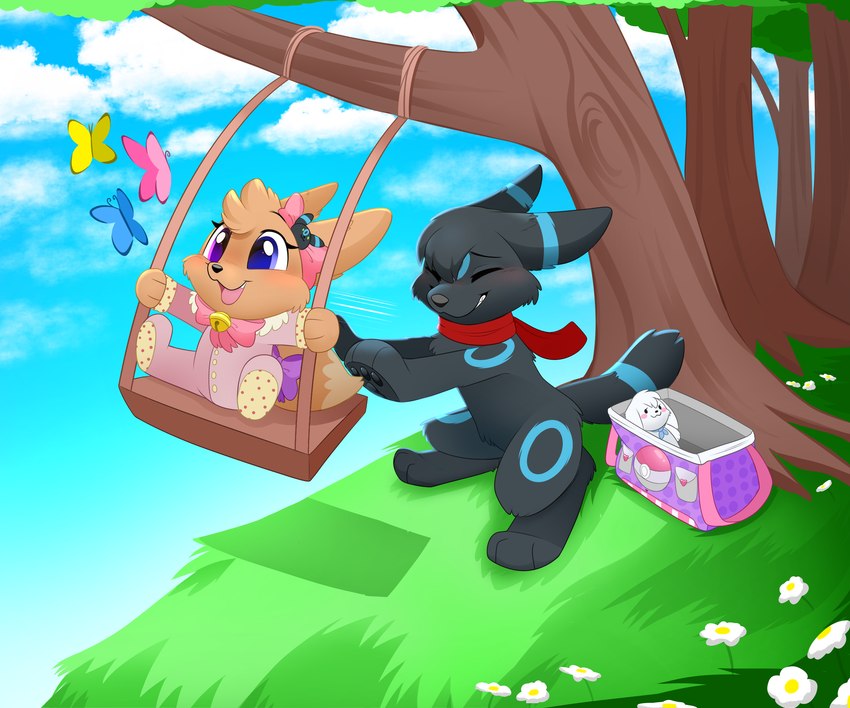 accessory bag black_body black_fur blue_markings bow_ribbon bow_tie clothing detailed_background duo ear_bow female feral fur furgonomics hair_accessory hair_bow hair_ribbon happy hill male markings onesie outside plant plushie pushing ribbons scarf swing tail tail_accessory tail_bow tail_ribbon toddler tree young ittybittiestpawz nintendo pokemon gracie_(sweetcupcake) kurai_(kuraibre) arthropod butterfly canid eevee eeveelution generation_1_pokemon generation_2_pokemon insect lepidopteran mammal pokemon_(species) shiny_pokemon umbreon 6:5 hi_res daughter_(lore) father_(lore) father_and_child_(lore) father_and_daughter_(lore) parent_(lore) parent_and_child_(lore) parent_and_daughter_(lore)