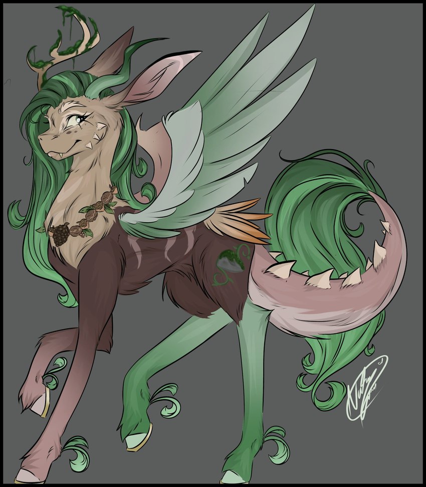 ambiguous_gender antlers black_border border brown_body brown_ears brown_fur brown_inner_ear cutie_mark eyebrows eyelashes feathers feral fur fusion gold_horseshoe green_body green_eyes green_feathers green_fur green_hair green_hooves green_horn green_mane green_wings grey_background hair hooves horn horseshoe jewelry leaf looking_aside mane moss mouth_closed multicolored_body multicolored_fur necklace plant side_view simple_background snaggle_tooth solo standing tan_antlers tan_body tan_feathers tan_fur tan_hooves tan_wings teeth white_eyebrows wings yellow_body yellow_feathers sweetvixenarts friendship_is_magic hasbro my_little_pony mythology discord_(mlp) fluttershy_(mlp) chimera draconequus equid equine hybrid mammal mythological_creature mythological_equine pegasus 2023 hi_res signature