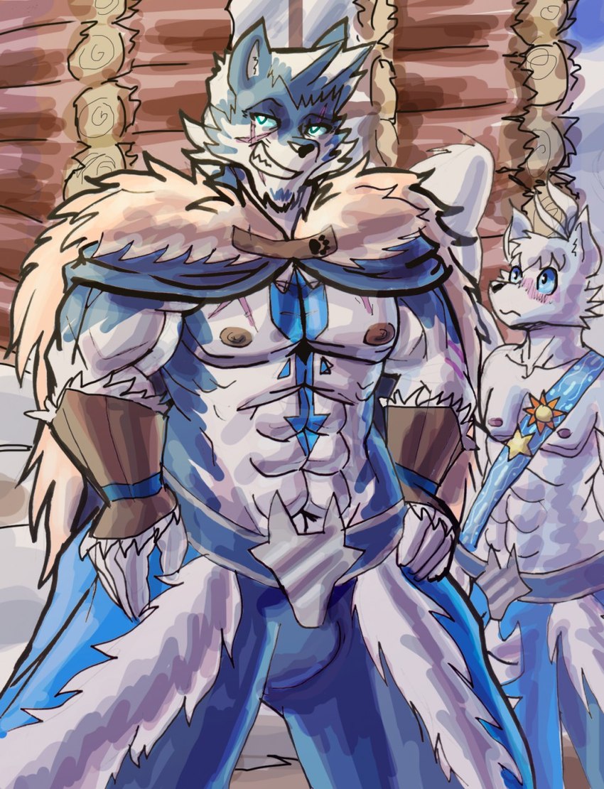 abs anthro anthrofied belt belt_buckle blue_body blue_eyes blue_fur blush bottomwear buckle bulge cabin cape clothing cloud dirt duo feathered_wings feathers fur jewelry log_cabin male mastectomy_scar muscular muscular_male nipples pants pendant sash scar smile smirk snow tattoo white_body white_fur window wings mrease slightly_damned broxis_the_wolf kazai_suizahn canid canine canis mammal wolf 2019 colored hi_res trans_(lore) trans_man_(lore)