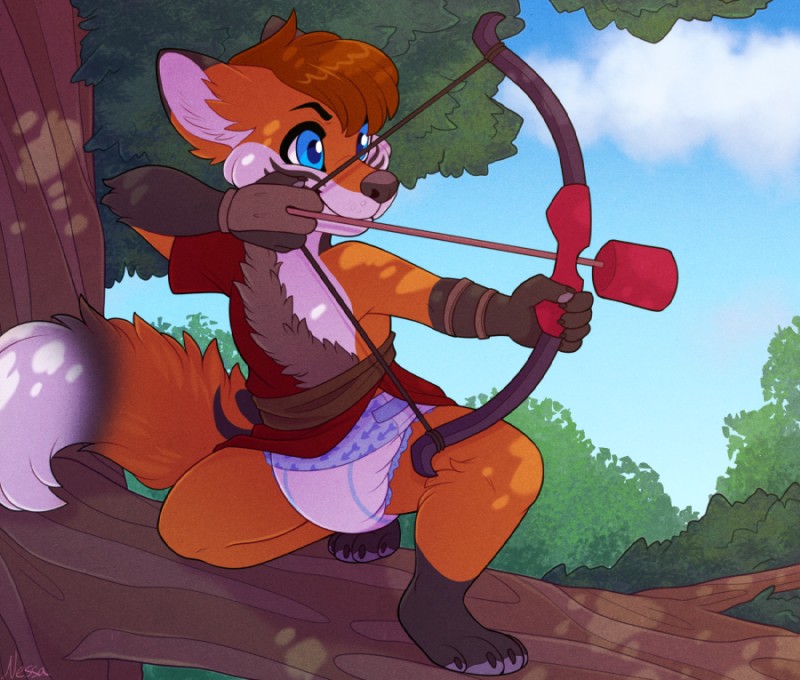 anthro blue_eyes bow_(weapon) brown_hair clean_diaper clothed clothing cloud diaper fur hair leaf male orange_body orange_fur paws perching plant ranged_weapon sky solo string tree weapon wearing_diaper young young_anthro strawberryneko canid canine fox mammal