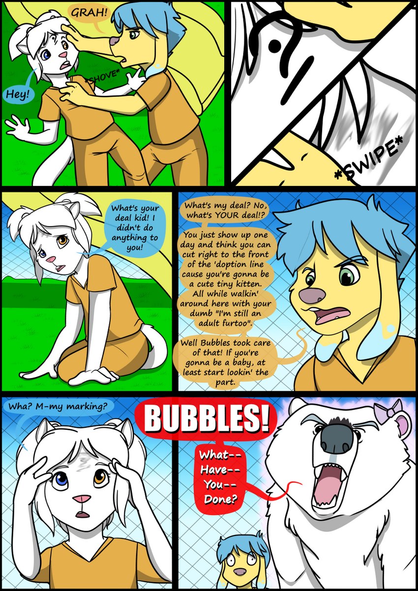 anthro biped clothing detailed_background dialogue female fur group hair panel_skew shirt sitting speech_bubble standing text topwear trio kammypup_(artist) runt_(artist) bear mammal 2020 artist_collaboration comic english_text hi_res