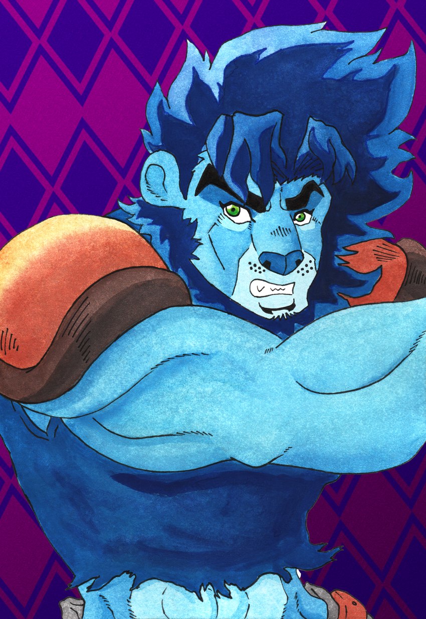 abs alternate_species anthro belt biceps blue_body blue_fur blue_hair clothed clothed_anthro clothed_male clothing eyebrows eyelashes fangs fur furrification green_eyes hair male male_anthro mane mane_hair muscular muscular_anthro muscular_male purple_background shoulder_pads simple_background teeth thick_eyebrows torn_clothing efradraws jojo's_bizarre_adventure jonathan_joestar felid lion mammal pantherine absurd_res digital_drawing_(artwork) digital_media_(artwork) english_description hi_res huge_filesize painting_(artwork) traditional_media_(artwork) watercolor_(artwork)