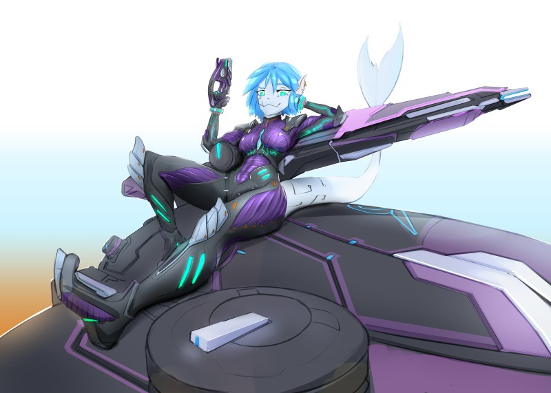 anthro armor breasts clothing female leaning magrider non-mammal_breasts ranged_weapon simple_background solo spandex tank tight_clothing vehicle weapon shockwave98 planetside_2 vanu_sovereignty susie_qhetto fish marine shark 2019 absurd_res hi_res