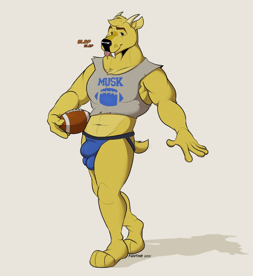 5_fingers american_football anthro ball balls_outline big_bulge black_nose blep blonde_hair blue_clothing blue_jockstrap blue_underwear brown_eyes bulge clothing crop_top detailed_bulge fangs fingers fur genital_outline gridiron_ball hair horn jockstrap male muscular muscular_anthro muscular_male navel pose shadow sheath_outline shirt simple_background smile solo sport teeth text tongue tongue_out topwear underwear whisker_spots yellow_body yellow_fur fantine dj_strap cervine deer mammal muntjac 2021 english_text hi_res