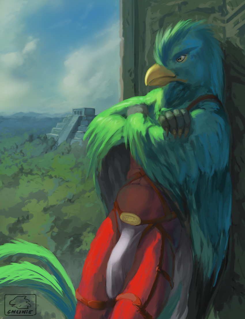 abs anthro athletic athletic_anthro athletic_male beak bottomwear bulge claws clothed clothing cloud crossed_arms detailed_background feathered_wings feathers loincloth male outside sky solo standing temple topless winged_arms wings chunie avian bird quetzal resplendent_quetzal trogonid 2016 adobe_photoshop_(artwork) digital_media_(artwork) digital_painting_(artwork) hi_res painting_(artwork)