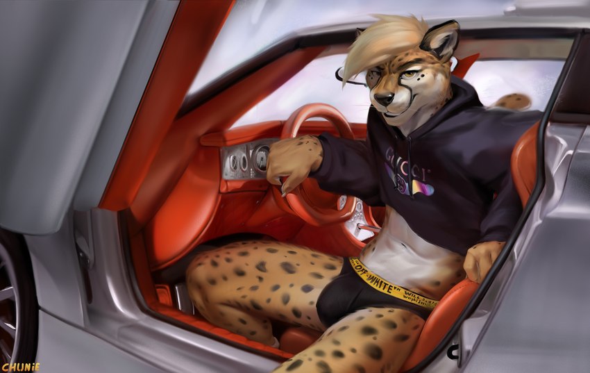 anthro athletic athletic_anthro athletic_male black_body black_clothing black_fur black_nose black_spots black_topwear black_underwear blonde_hair briefs brown_eyes bulge car claws clothed clothing crop_top detailed_background fur grin hair hoodie inside_car inside_vehicle looking_at_viewer male midriff multicolored_body multicolored_fur narrowed_eyes navel shirt smile solo spots spyker steering_wheel supercar sweater tan_body tan_fur text text_on_clothing text_on_hoodie text_on_topwear text_on_underwear topwear underwear vehicle white_body white_fur chunie gucci spyker_c8_zagato sam_(yeezusboii) cheetah felid feline mammal 2020 adobe_photoshop_(artwork) digital_media_(artwork) digital_painting_(artwork) painting_(artwork)