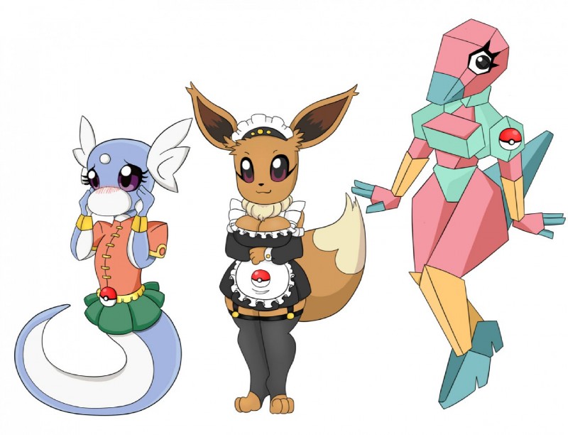 artificial_intelligence blush breasts clothing embarrassed female group machine maid_uniform pokeball pokemorph simple_background standard_pokeball uniform white_background urusee584 nintendo pokemon digital_creature dratini eevee generation_1_pokemon pokemon_(species) porygon robot digital_media_(artwork)