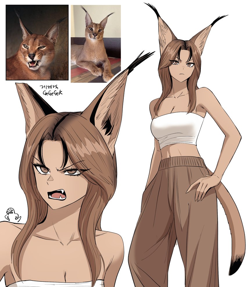 animal_ears bangs big_ears black_highlights black_tail_tip bottomwear breasts brown_body brown_eyes brown_hair brown_skin cleavage clothed clothing dipstick_tail duo ear_tuft fangs female hair hand_in_pocket hand_on_hip highlights_(coloring) humanoidized long_hair markings midriff oversized_bottomwear oversized_clothing oversized_pants pants pockets reference_image side_bangs simple_background snarling solo_focus tail tail_markings teeth topwear tube_top tuft white_background gegegekman aggressive_caracal_chan gegegek_(gegegekman) animal_humanoid caracal_humanoid felid felid_humanoid feline feline_humanoid humanoid mammal mammal_humanoid tailed_humanoid 2024 absurd_res artist_name cel_shading half-length_portrait hi_res multiple_images portrait shaded three-quarter_portrait