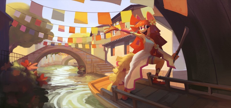 anthro boat bridge building canal clothed clothing dress female hair house jewelry long_hair looking_at_viewer necklace open_mouth open_smile plant purple_eyes red_hair smile solo standing text tree vehicle water watercraft sy_noon lo unknown_species 2018 absurd_res digital_media_(artwork) digital_painting_(artwork) english_text hi_res