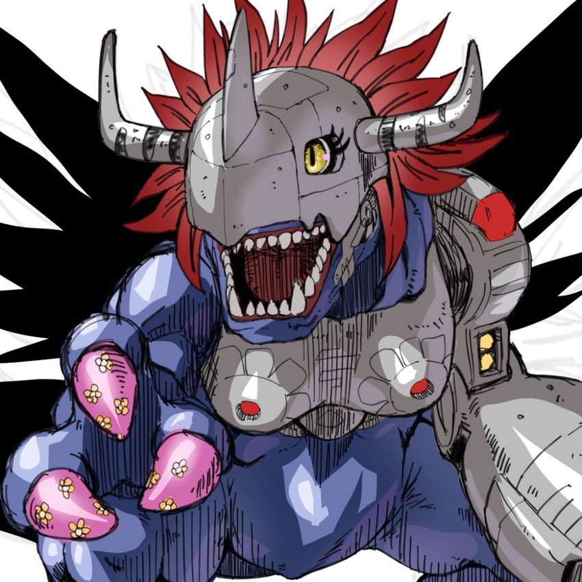 anthro armor blue_body claws colored_nails eyelashes female hair headgear helmet horn humor metal nails red_hair solo wings gerusyu bandai_namco digimon digimon_(species) metalgreymon scalie