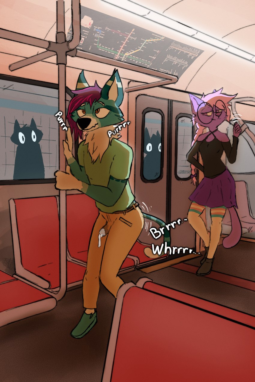 anthro bodily_fluids clothed clothing clutching controller cum cum_in_clothing cum_through_clothing detailed_background duo erection erection_under_clothing female fur genital_fluids green_body green_fur looking_pleasured male male_focus public public_transportation purple_body purple_fur purring rapid_transit remote_control remote_controlled_vibrator sex_toy sex_toy_under_clothing smile subway toronto vibrator vibrator_under_clothing wet wet_clothing wizardjpeg toronto_transit_commission domestic_cat felid feline felis mammal serval 2:3 absurd_res digital_media_(artwork) hi_res