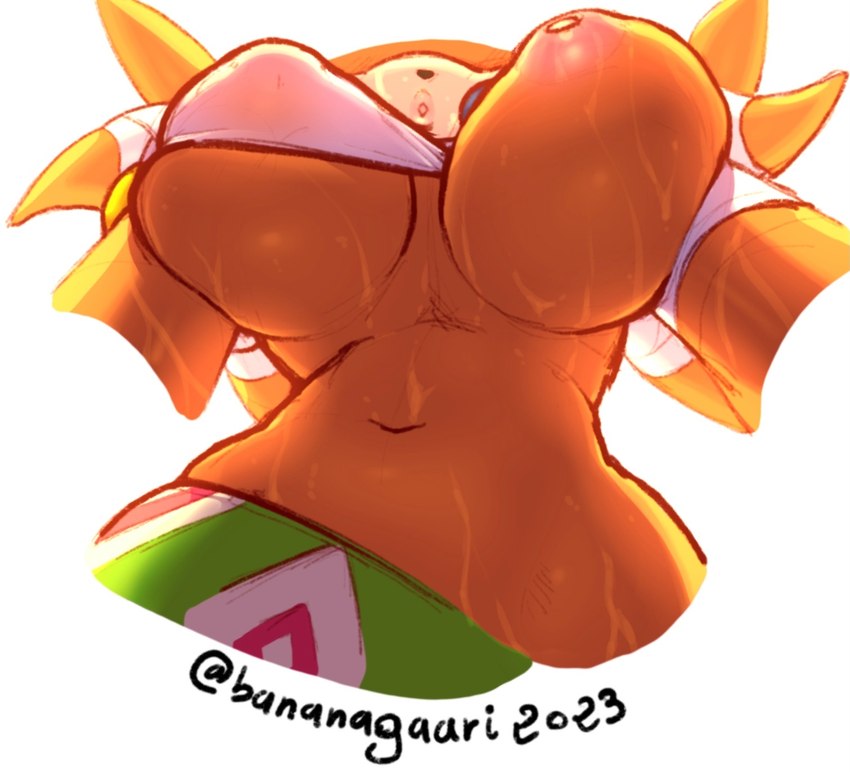 anthro areola big_breasts breasts female inverted_nipples lips low-angle_view nipples one_breast_out orange_body orange_skin presenting presenting_breasts puffy_areola solo worm's-eye_view bananagaari sega sonic_adventure sonic_the_hedgehog_(series) tikal_the_echidna echidna mammal monotreme half-length_portrait hi_res portrait