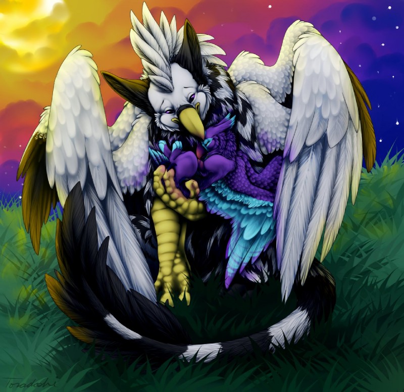 ambiguous_gender beak cuddling duo feathered_wings feathers feral hug outside purple_body purple_feathers size_difference sunset white_body white_feathers wings toradoshi mythology merygryph phrixus avian gryphon mythological_avian mythological_creature 2013 hi_res