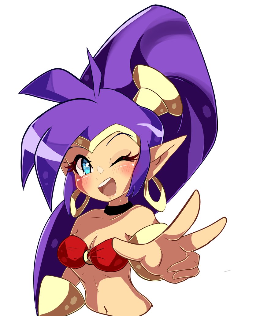 5_fingers bandeau blue_eyes blush breasts clothing crown ear_piercing ear_ring female fingers hair headgear humanoid_pointy_ears long_hair not_furry open_mouth open_smile piercing pointy_ears purple_hair ring_piercing simple_background smile solo tiara topwear white_background nin10ja shantae_(series) wayforward shantae genie humanoid 2020 hi_res