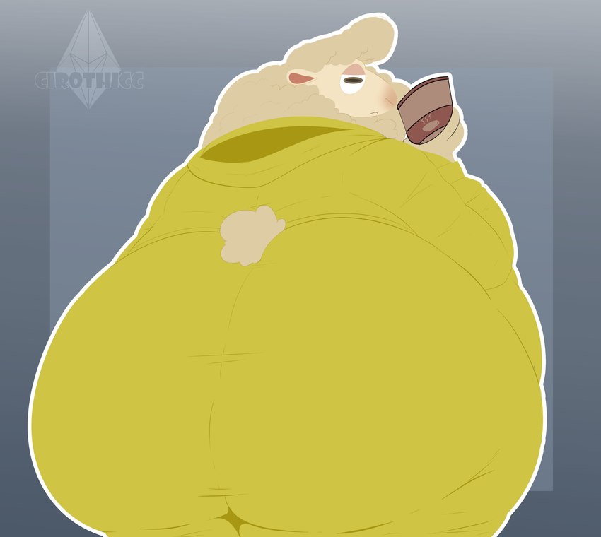 anthro big_butt blush bottomwear butt chemicals clothing container cup horizontal_pupils jacket male obese overweight overweight_male pants pupils solo tight_clothing topwear cirothicc disney zootopia doug_ramses bovid caprine mammal sheep 2022 absurd_res hi_res watermark