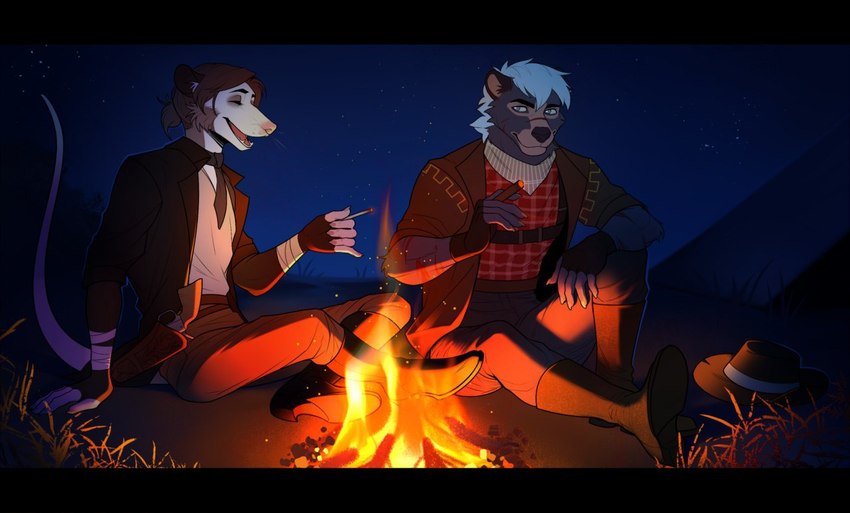 anthro campfire cigar cigarette clothed clothing cowboy cowboy_hat dark duo fire green_eyes hair hat headgear headwear looking_at_viewer male male/male necktie night outside plant sitting sky smile smoke smoking smug star starry_sky tumbleweed s_gringo thrack american_opossum badger honey_badger mammal marsupial mustelid musteline digital_media_(artwork)