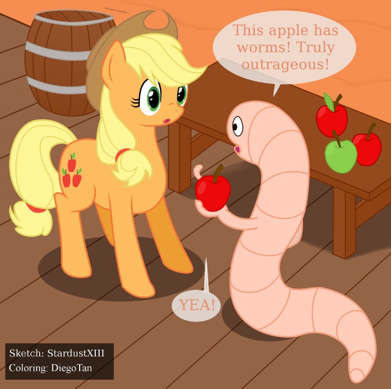 ambiguous_gender apple barrel blonde_hair clothing cutie_mark dialogue duo_focus female feral food fruit fur furniture green_eyes group hair hat headgear headwear hooves mane orange_body orange_fur pink_body plant serpentine shadow table text wood diegotan stardustxiii friendship_is_magic hasbro my_little_pony applejack_(mlp) annelid earth_pony earthworm equid equine horse mammal pony worm 2012 english_text hi_res