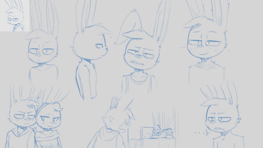 anthro bed blush disgust duo eye_contact female furniture looking_at_another looking_at_viewer lying lying_on_bed male male/female on_bed shoulder_bump simple_background solo agidyne rose_(agidyne) stephen_(agidyne) lagomorph leporid mammal rabbit 16:9 2021 hi_res widescreen