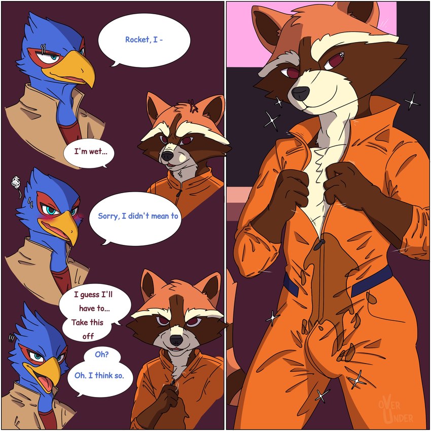 anthro beak brown_body brown_fur brown_hair clothing dialogue duo feathers fluffy fluffy_tail fur hair looking_at_viewer male male/male open_mouth simple_background smile speech_bubble tail text topwear undressing wet wet_clothing overunder guardians_of_the_galaxy marvel nintendo star_fox falco_lombardi rocket_raccoon avian bird mammal procyonid raccoon 1:1 english_text hi_res