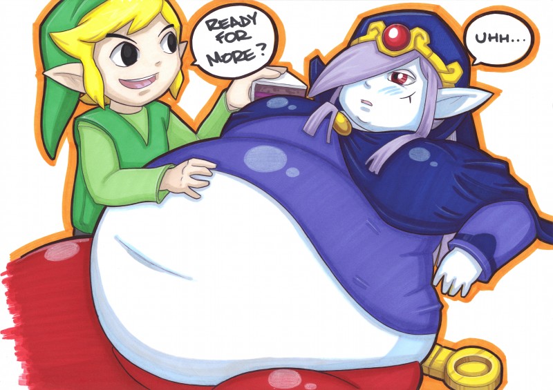 belly clothing duo eating feeding food hair male nipples not_furry obese overweight red_eyes stuffing text prisonsuit-rabbitman minish_cap nintendo the_legend_of_zelda wind_waker link toon_link vaati humanoid hylian minish picori absurd_res english_text hi_res marker_(artwork) traditional_media_(artwork)