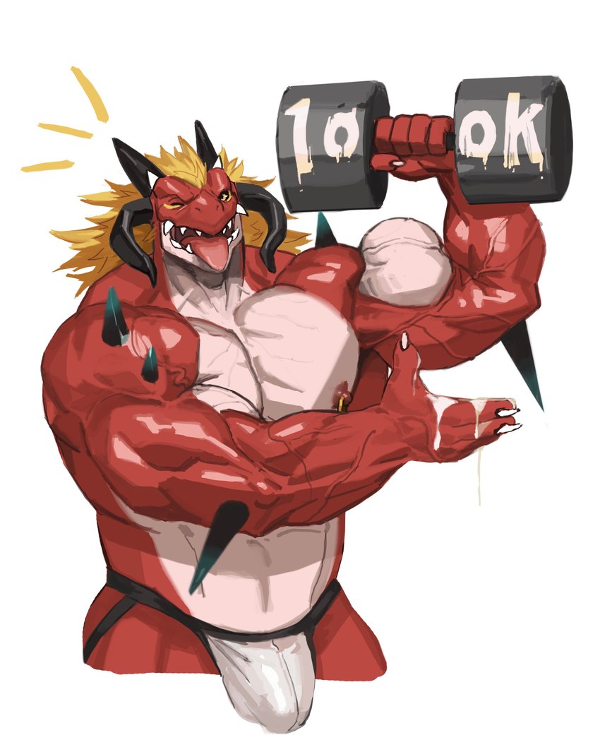 4_horns abs anthro areola barazoku biceps big_biceps big_bulge big_muscles bodily_fluids bulge claws clothed clothing cum cum_on_hand cum_on_object cum_writing deltoids dumbbell emanata exercise genital_fluids hair holding_object horn huge_muscles jockstrap jockstrap_only kemono looking_at_viewer male multi_horn muscular muscular_anthro muscular_male nipple_piercing nipple_ring nipples non-mammal_nipples number one_eye_closed open_mouth open_smile pecs piercing ring_piercing simple_background smile solo spikes spikes_(anatomy) standing teeth thick_arms tongue tongue_out topless topless_anthro topless_male triceps underwear underwear_only vein veiny_muscles weightlifting weights white_background wink workout traver009 mythology magangz_(character) dragon mythological_creature mythological_scalie scalie 2025 absurd_res hi_res