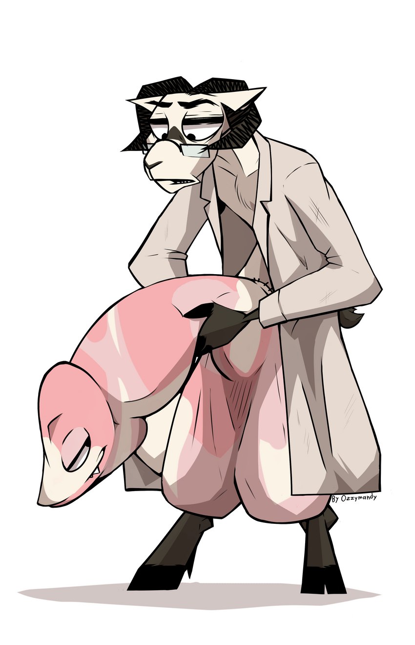 anthro balls bathrobe big_balls big_penis black_feet black_nose clothing cock_transformation ears_back eyewear feet fur genitals glasses hand_on_butt hooves horn humanoid_genitalia humanoid_penis hyper hyper_genitalia in_full_growth male penis pink_penis pivoted_ears robe sentient_penis simple_background smile smiling_at_another smiling_at_each_other snake_penis solo transformation unusual_anatomy unusual_genitalia unusual_penis white_background white_body white_ears white_fur ozzymandy bovid caprine mammal penis_creature reptile scalie sheep snake absurd_res hi_res