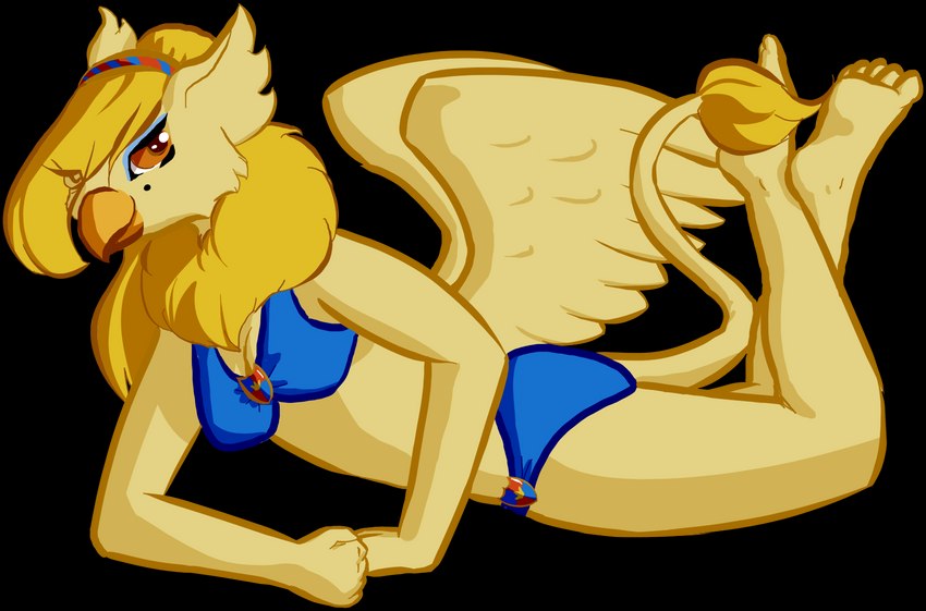 accessory ankles_together anthro arm_support bangs beak bikini bikini_bottom bikini_top blonde_hair clothing eyeshadow feet female fur hair headband looking_at_viewer lying makeup mane markings mole_(marking) on_front solo swimwear tail tail_tuft tuft two-piece_swimsuit wings yellow_body yellow_fur echoeternal mythology neopets fiorina_(neopets) avian eyrie_(neopets) gryphon mythological_avian mythological_creature neopet_(species) alpha_channel hi_res