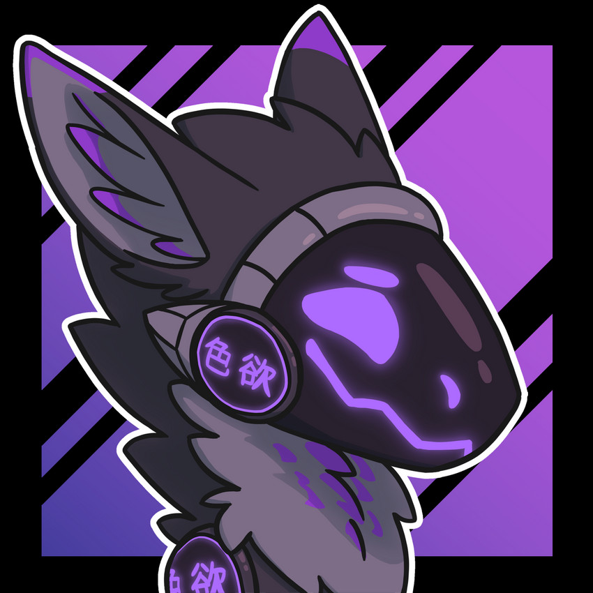 ambiguous_gender anthro black_body black_fur chest_tuft fur grey_body grey_fur machine markings outline purple_eyes purple_markings screen screen_face solo text tuft white_outline madkuzya evgen protogen 1:1 alpha_channel headshot_portrait hi_res icon portrait translated